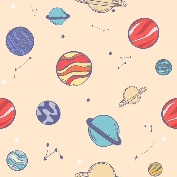 Seamless pattern with stars, constellations, planets and hand drawn elements. Childish texture. Great for fabric, kids background ,textile Vector Illustration