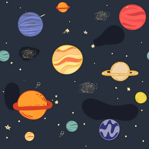 Seamless pattern with stars, constellations, planets and hand drawn elements. Childish texture. Great for fabric, kids background ,textile Vector Illustration