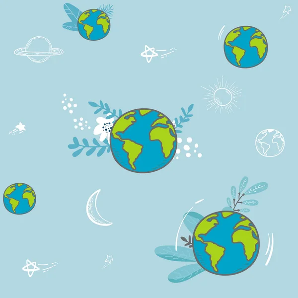 Bumi dengan bunga. Bola Kartun. ikon web planet hijau yang bahagia. cinta ekologi bumi planet peta dunia gambar vektor pola mulus. Selamatkan planet ini. inskripsi motivasi - Stok Vektor