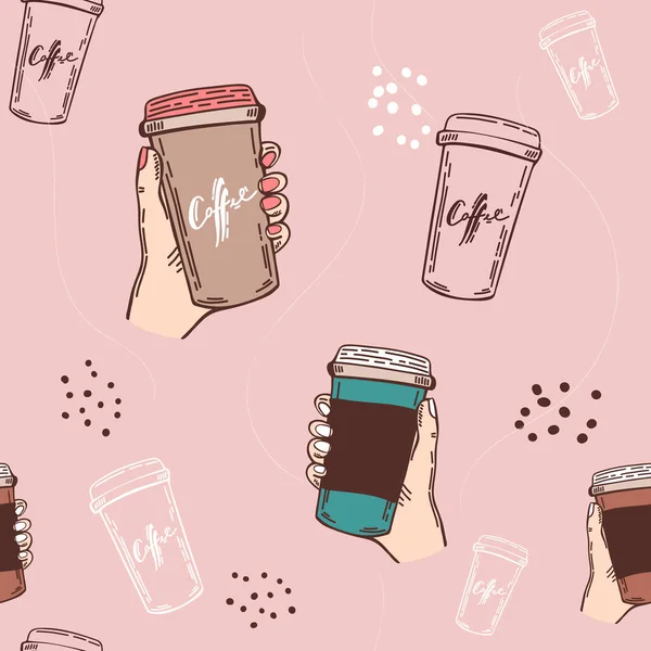 Paper cup of coffee pattern seamless vector repeat for any design. coffee break with handwritten script and human hand holds a cup of hot coffee, vector sketch . — Stock Vector