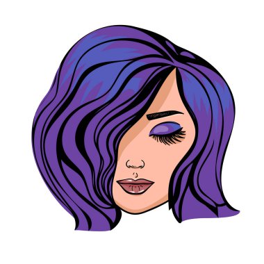 İllüstrasyon, orijinal el çizimi, güzel bir kadının grafik portresi. Kızım. Saç stili ikonu, beyaz arka planda logo kadınları yüzü, vektör. Moda, tarz, güzellik. Grafikler, çizimler, makyaj