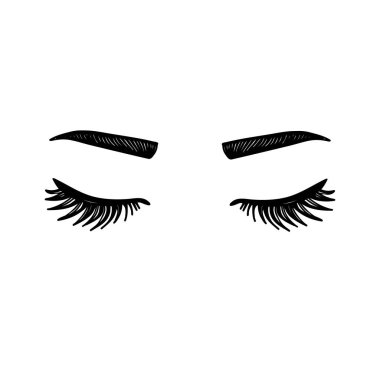 Kirpikli kapalı gözler. Kadınlar basit resimlere bakarlar. Siyah beyaz. Kirpikler, kaşlar, göz çizimi, siyah beyaz.