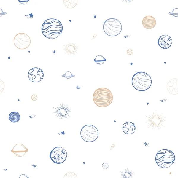 Illustration vectorielle de motif sans couture Univers. doodle Galaxie de dessins animés avec comètes, astéroïdes, étoiles, soleil, lune, terre, planètes sur blanc. — Image vectorielle