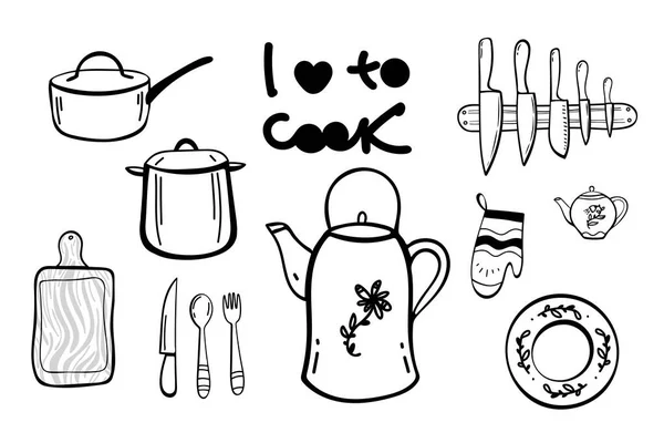 Doodle Cook Tools Items Set Ручные Элементы Дизайна Векторная Иллюстрация Лицензионные Стоковые Иллюстрации