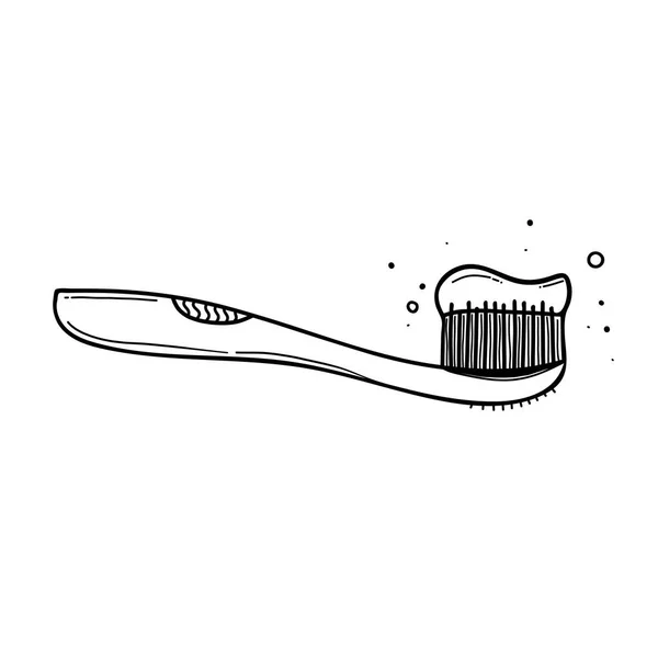 Doodle Vector Icoon Van Tandenborstel Met Aangebrachte Tandpasta Gedeelte Zwart — Stockvector