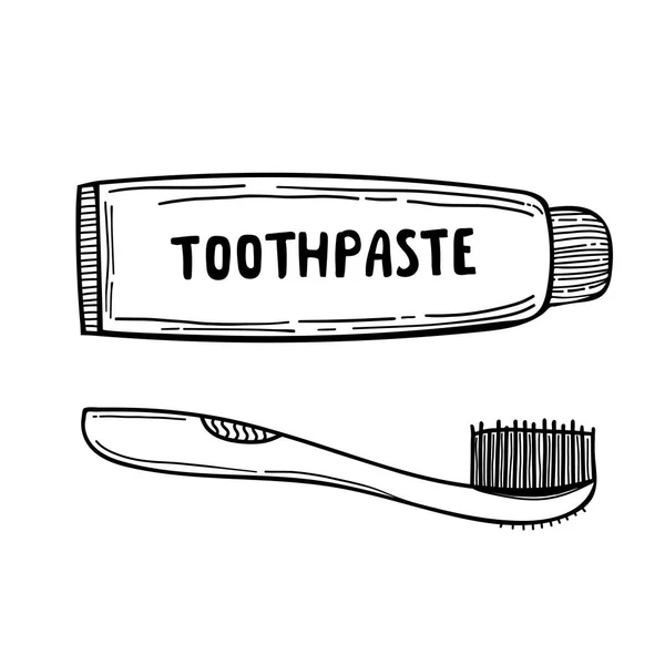 Set Doodle Funny Cartoon Toothpaste Toothbrush Vector Isolated Black White — Stock Vector