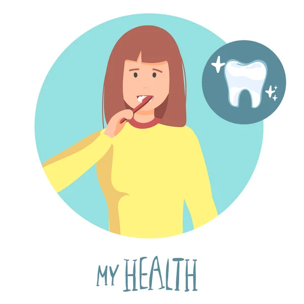 Žena Čistí Zuby Vektorová Ilustrace Ploché Konstrukce Můj Zdravotní Nápis — Stockový vektor