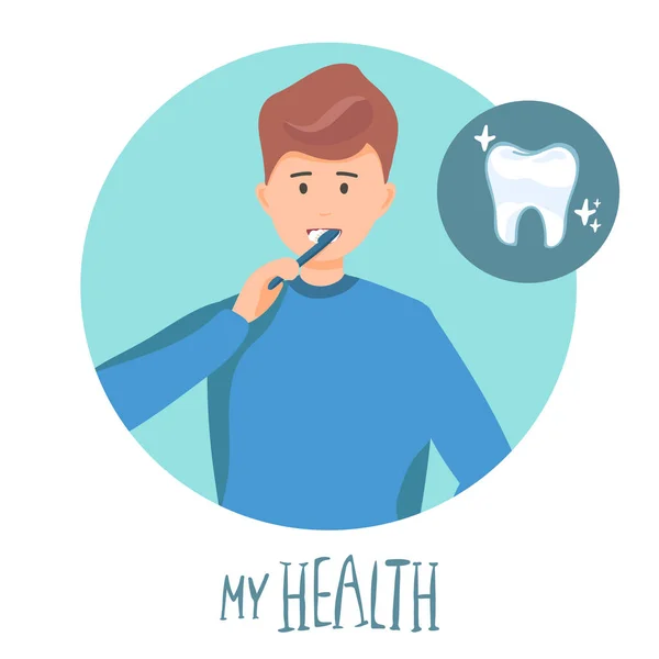 Man Brushing His Teeth Vector Illustration Flat Design Health Lettering — Stock Vector