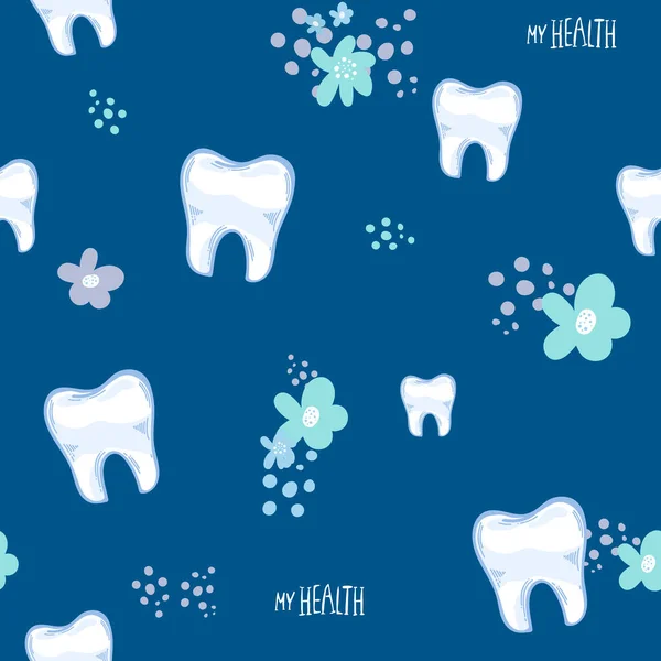 Vector Dental Seamless Pattern White Teeth Blue Background Cute Funny — Stock Vector