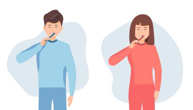 Kadın, erkek dişlerini fırçalıyor. Düz bir tasarımın vektör çizimi. Diş temizliği, sağlıklı dişler. konsept,