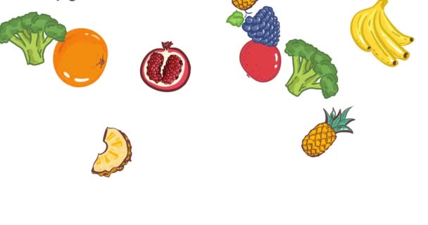 배경 지식과 과일을 바탕으로 흰색 배경 장식과 추상적 인 패턴 애니메이션이 만들어 졌습니다. 비디오. 사과, 브로콜리, 석류, 오렌지, 자두, 아보카도, 바나나, 포도 껍질 무늬. 주가 영상 4k — 비디오