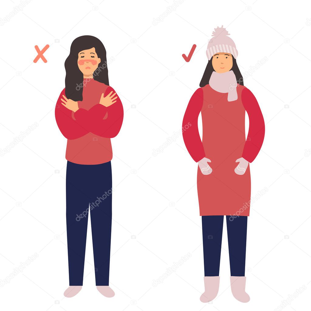 woman froze. Frostbite concept banner. Cartoon illustration of frostbite vector concept banner. the man is cold and the man is warmly dressed. flat design. for infographic