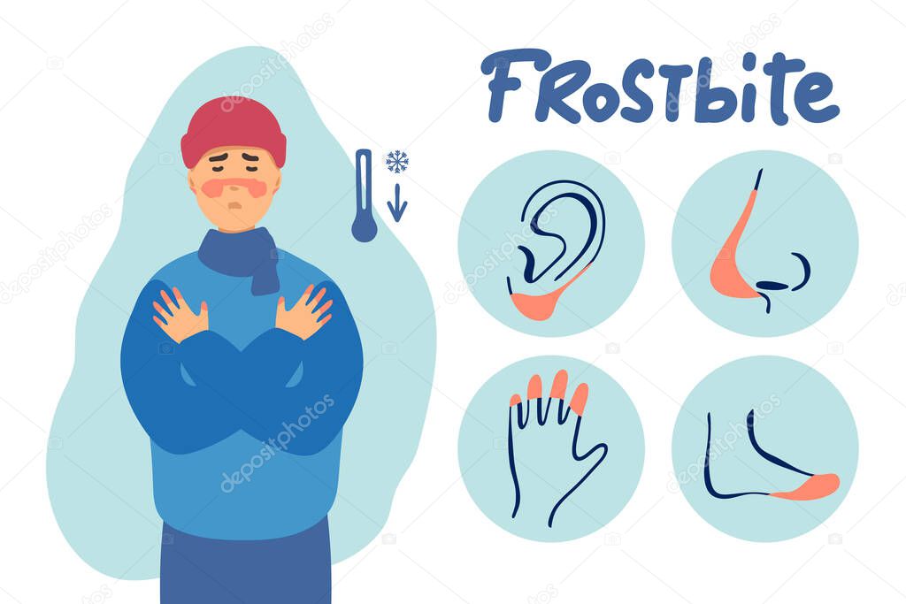 man froze. Frostbite concept banner. Cartoon illustration of frostbite vector concept banner. the man is cold and the man is warmly dressed. flat design. for infographic.