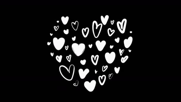 Srdce, mnoho srdcí. Animovaný vzor. Pozadí srdce, plátno, kliparty srdcí.karikatury, animovaný kreslený film, bílá na černém. na Valentýna, romantiku, 4k — Stock video