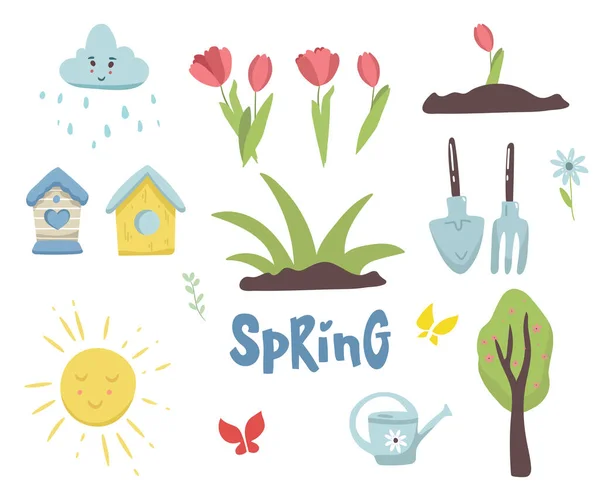 Conjunto vectorial de lindas plantas de dibujos animados de primavera y decoraciones. Fiesta en el jardín. Colección de elementos de álbum de recortes con regadera, flores, mariposa, pala, rastrillo, tulipanes — Vector de stock