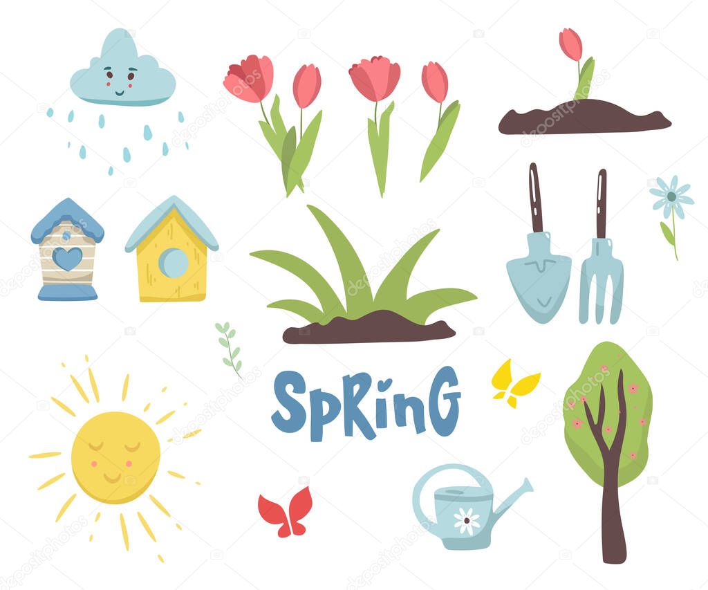 Vector set of cute spring cartoon plants and decorations. Garden party. Collection of scrapbook elements with watering can, flowers, butterfly, shovel, rake, tulips