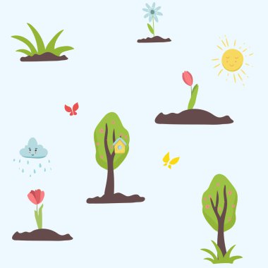 Kuşlarla romantik bahar şablonu, çiçek güneşi. Duvar kağıtları, şablon dolguları, web sayfası arkaplanları, yüzey dokuları için kusursuz desen kullanılabilir.