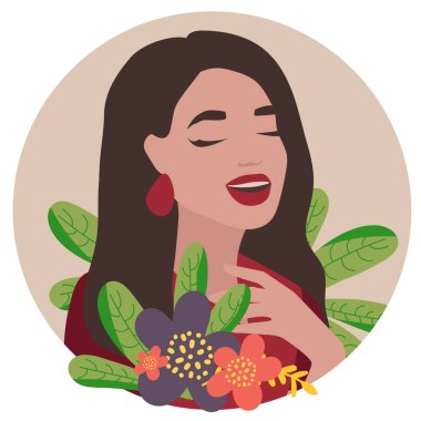 Uzun saçlı güzel bir kız gülüyor, gözleri kapalı. Gülümse, gözler, dişler. Avatar. Çiçeklerle gülen genç bir kadın. vektör düz resimleme beyaz