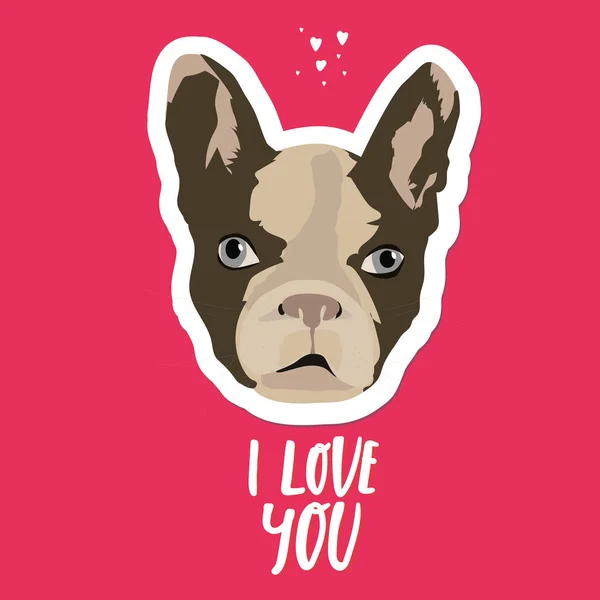 Franse bulldog hoofd geïsoleerd op rode achtergrond. Vector illustratie met letters I Love you — Stockvector