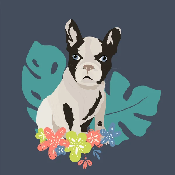 Dog French Bulldog vector flat illustration on blue with flowers. hand drawing — Stock Vector