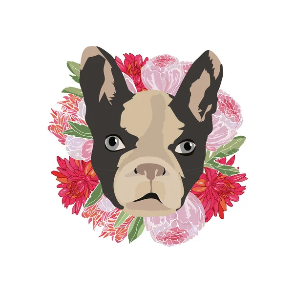 花と白の犬フランスのブルドッグベクトルフラットイラスト。手描き — ストックベクタ