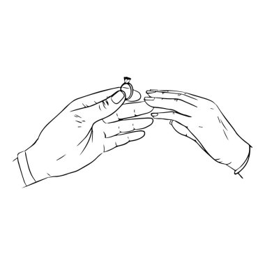 Will you marry me poster. Marriage proposal vector illustration with wedding ring and male and female hands. Engagement proposal. Marriage proposal. Sketch black white. circuit