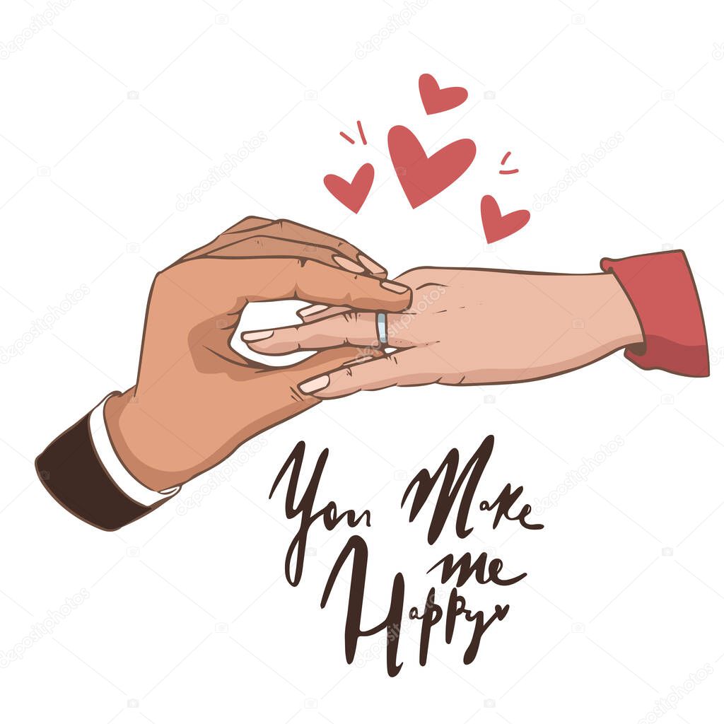 Will you marry me. Marriage proposal vector illustration with wedding ring and male and female hands. hearts