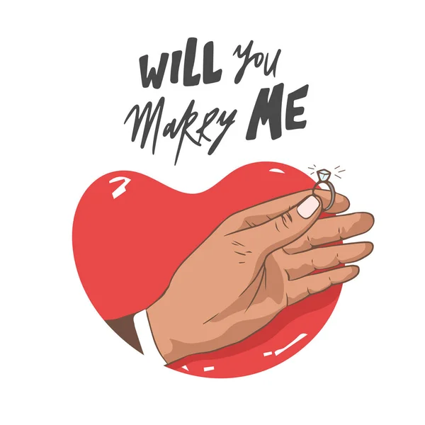 Vill du gifta dig med mig? Gift förslag vektor illustration med vigselring och manlig hand. Man hand med förlovningsring. text. Förlovningsförslag. Förslag till äktenskap. — Stock vektor
