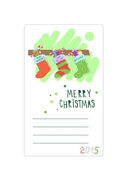 Three Christmas socks. Card for wishes. Vector illustration — Stock Vector