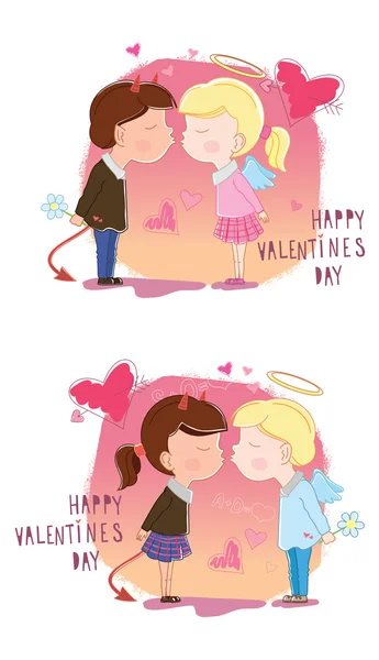 Valentine's Day. Girl and boy kisses. Vector illustration — Stock Vector