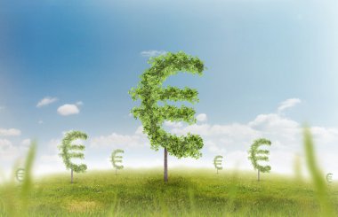 Finansal büyüme ve başarı bir yeşil refah ve yatırımlar büyüyen bir iş kavramı gösterilen bir para işareti şeklinde bir tek ağaçlar, doğal yeşil çimen yatay yaz.