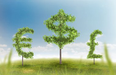 Finansal büyüme ve başarı bir yeşil refah ve yatırımlar büyüyen bir iş kavramı gösterilen bir para işareti şeklinde bir tek ağaçlar, doğal yeşil çimen yatay yaz
