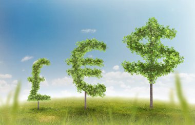 Finansal büyüme ve başarı bir yeşil refah ve yatırımlar büyüyen bir iş kavramı gösterilen bir para işareti şeklinde bir tek ağaçlar, doğal yeşil çimen yatay yaz
