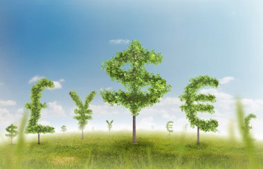 Finansal büyüme ve başarı bir yeşil refah ve yatırımlar büyüyen bir iş kavramı gösterilen bir para işareti şeklinde bir tek ağaçlar, doğal yeşil çimen yatay yaz