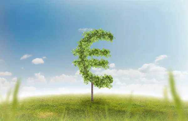 Financial growth and success on a green summer natural green grass landscape with a single trees in the shape of a money sign showing a business concept of growing prosperity and investments. Stock Picture