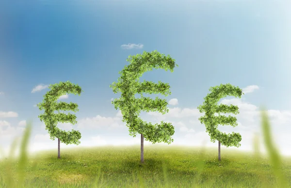 Ekonomisk tillväxt och framgång på en grön sommar naturligt gröna gräs landskap med ett enda träd i form av ett pengar tecken visar en affärsidé av växande välstånd och investeringar. Stockbild