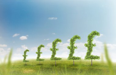 Financial growth and success on a green summer natural green grass landscape with a single trees in the shape of a money sign showing a business concept of growing prosperity and investments clipart