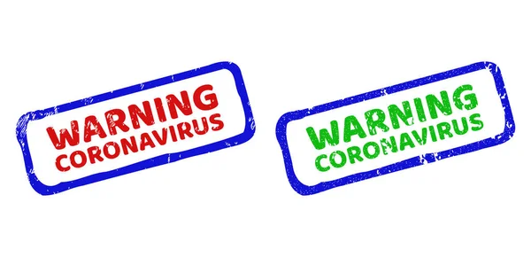 警告CORONAVIRUS傷のついたテクスチャを持つバイカラーラフ長方形のシール — ストックベクタ