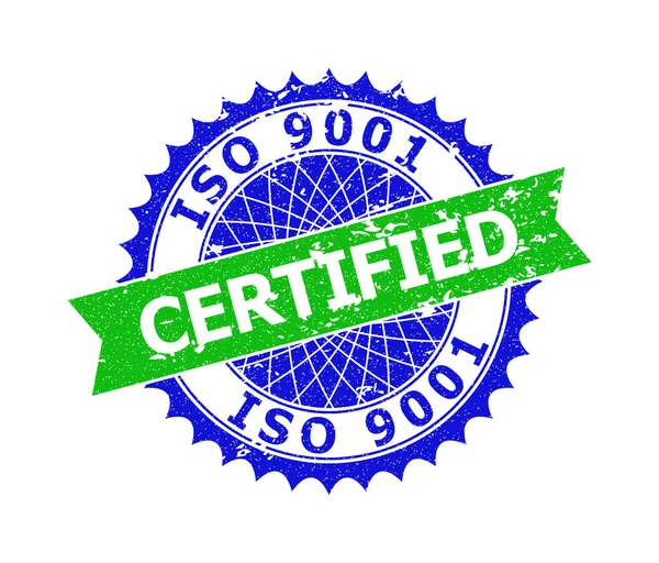 ISO 9001 ΠΙΣΤΟΠΟΙΗΜΕΝΗ Ακάθαρτη σφραγίδα δίχρωμης ροζέτας — Διανυσματικό Αρχείο