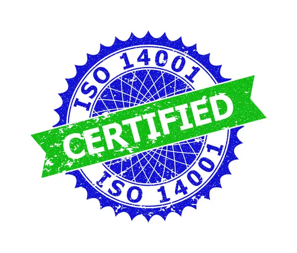 ISO 14001 ΠΙΣΤΟΠΟΙΗΜΕΝΗ Σφραγίδα δίχρωμης ροζέτας διαβρωμένη — Διανυσματικό Αρχείο