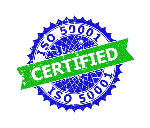 ISO 50001 CERTIFIED tweekleurig Rosette Grunge Seal — Stockvector