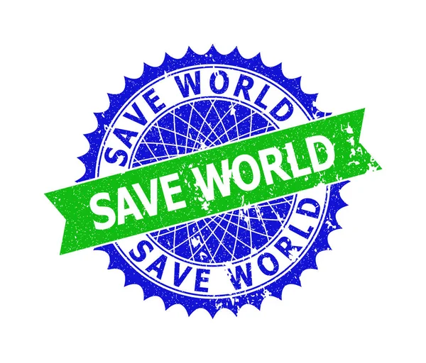 SAVE WORLD Bicolor Rosette Scratched Stamp — стоковый вектор