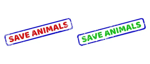 SAVE ANIMALS Dwukolorowe szorstkie prostokątne znaczki z podrapanymi teksturami — Wektor stockowy