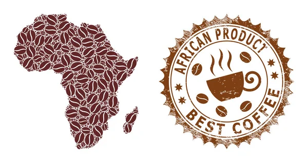 Mapa Mozaiki Afryki Fasoli Kawy i Pieczęć teksturowana dla najlepszej kawy — Wektor stockowy