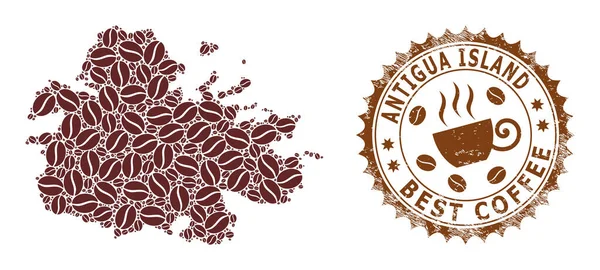 Mosaic Map of Antigua Island with Coffee and Textured Badge for Best Coffee — стоковий вектор
