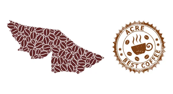 Мозаїчна карта акрі-стану кавових зерен та текстурована марка для кращої кави — стоковий вектор