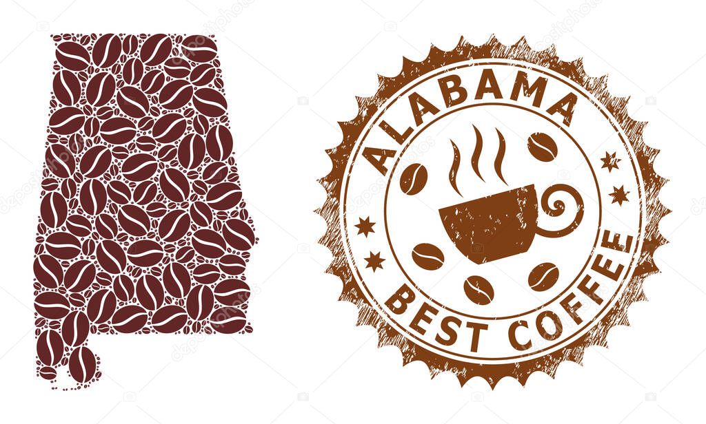 Mosaic Map of Alabama State from Coffee Beans and Scratched Badge for Best Coffee