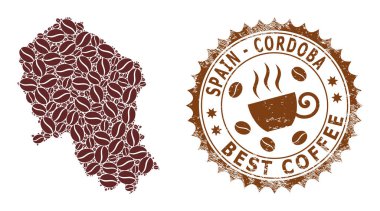 Cordoba İspanyol Eyaleti Mozaik Haritası. En İyi Kahve İçin Kahve Fasulye ve Grunge Mührü.