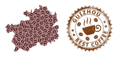 Guizhou Eyaleti Mozaik Haritası. En İyi Kahve İçin Kahve Fasulyesi ve Grunge Mührü.