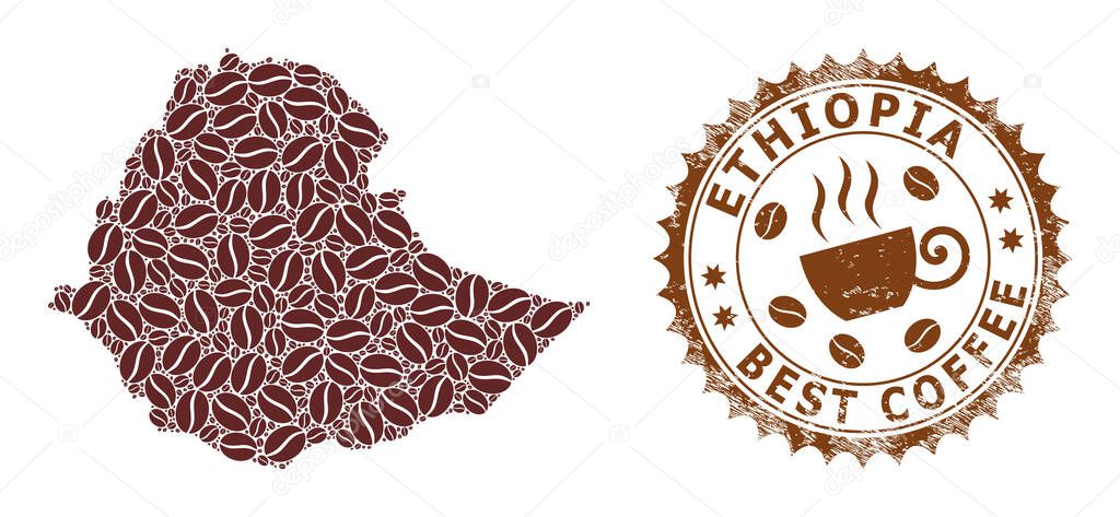 Mosaic Map of Ethiopia with Coffee and Textured Badge for Best Coffee